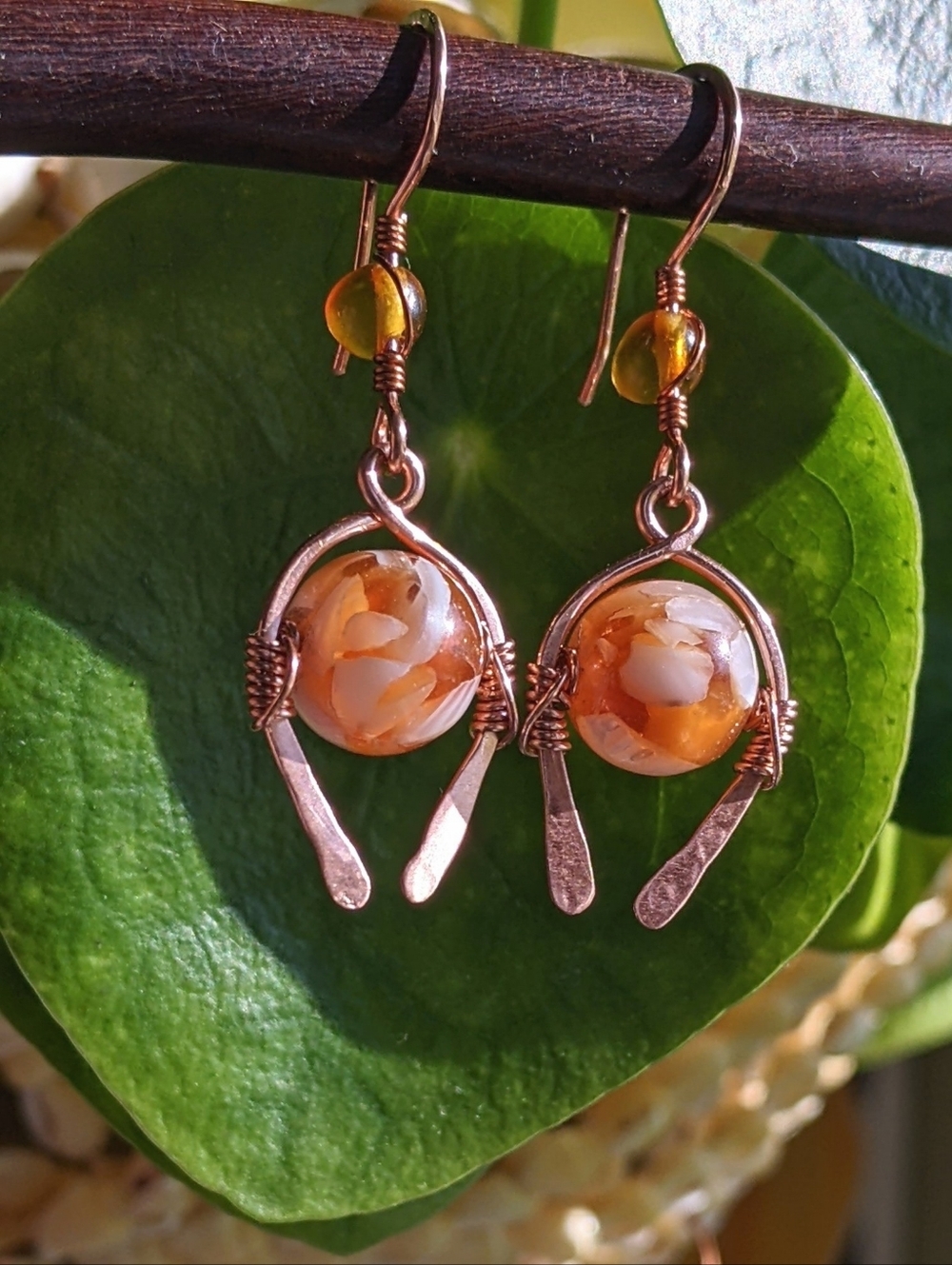 Southwestern Amber Earrings Genuine Copper Artisan Crafted Jewelry - Picture 5 of 11